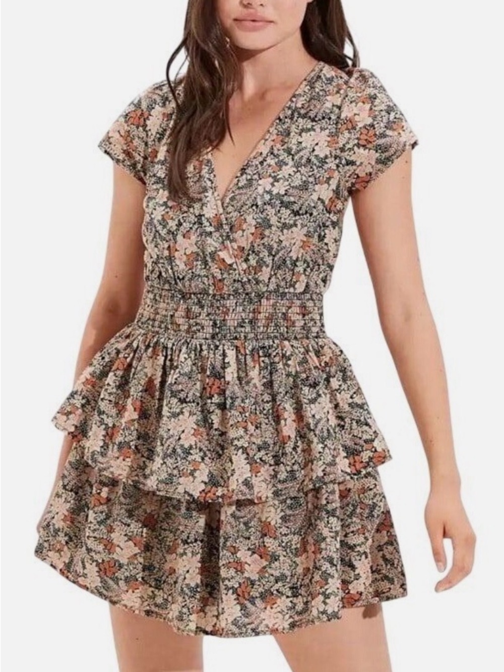 American Eagle Outfitters Peach & Green Floral Smocked-Waist Tiered Mini Dress